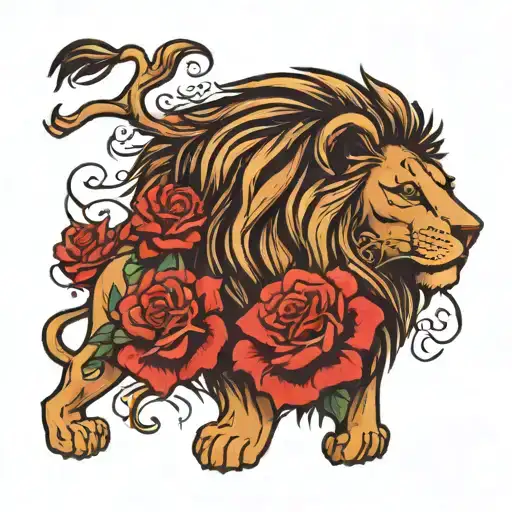 Lion Filled With Red Roses In Dark Colors