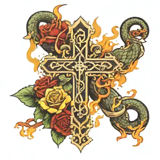 Cross Of Jesus Christ Stepping On Snake With Roses And Fire