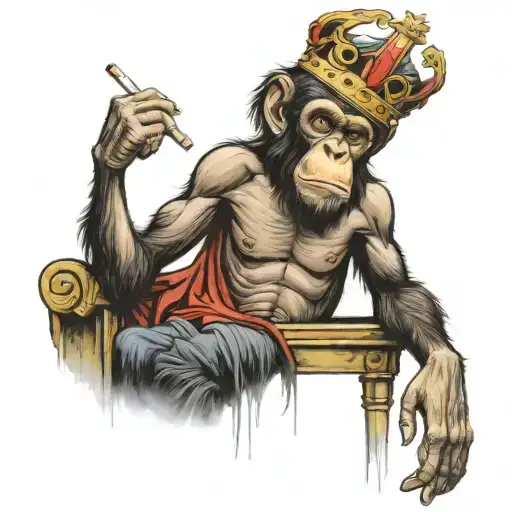 Old Muscled Chimp Sitting On A Throne With A Crown And A Cigarette In His Mouth