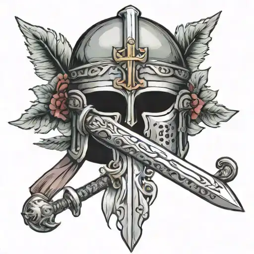 Old Roman Battle Sword Piercing Helmet Holding