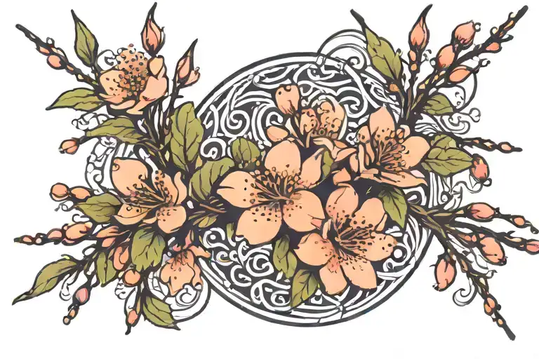 Two Branches Of Peach Blossom That Start From Different Points And Meets To Create A Circle