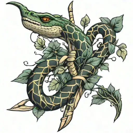 Snake Wrapped Around Bow And Arrow With Ivy Plant