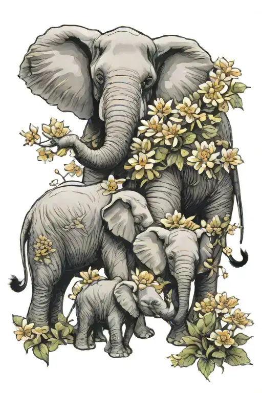 Realistic Elephant Family Of 3 With Chrysanthemums And Sweet Peas