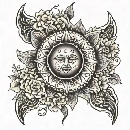 Sun And Moon Tattoo With Madala Effect With Flowers