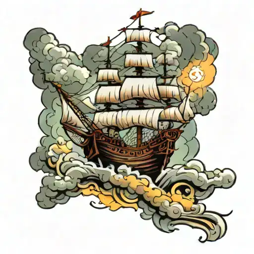 Pirate Ship With Lighting In Clouds