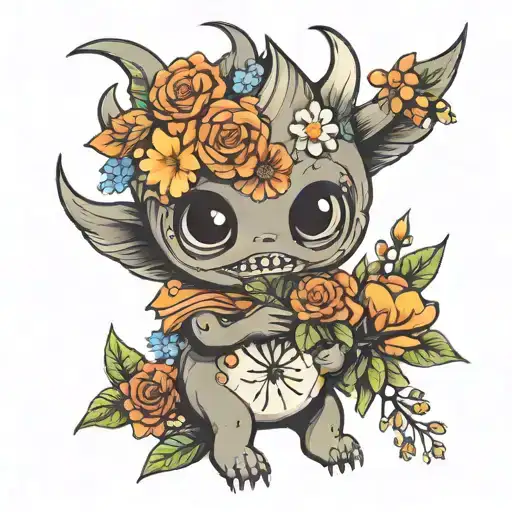 Cute Little Monster Holding A Bouquet Of Wildflowers