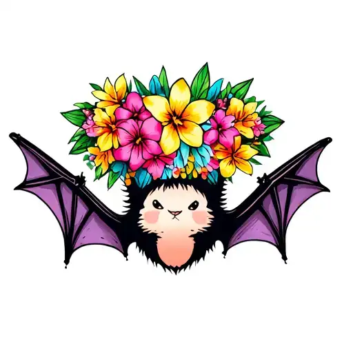 Upside Down Bat Wearing A Flower Crown Of Hawaiian Flowers
