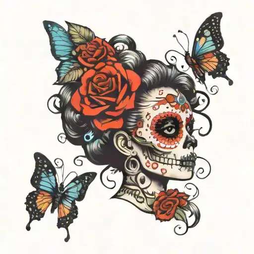 Femal Sugar Skull With Afro And Roses And Butterflies In Hair