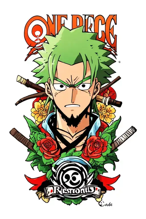 Roronoa Zoro Sorrounded By One Piece Logo Combined