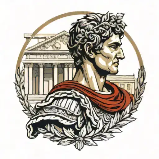 Emporer Augustus Standing Infront Of A Roman Temple With A Laurel Wreath