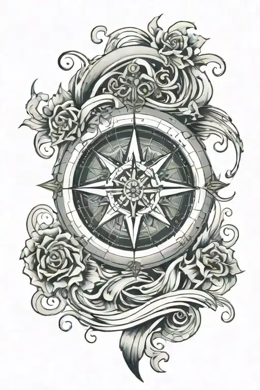 A Detailed Compass Rose Surrounded By Swirling Ocean Waves