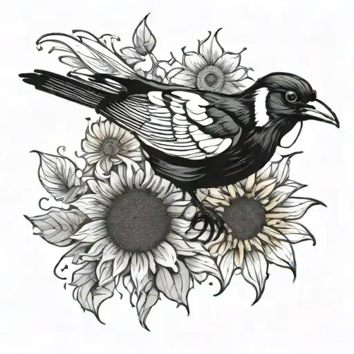 Magpie With Sunflower Blooming