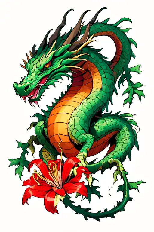 Red Spiderlily Flower And Vine Wood Wrapped Around A Dragon