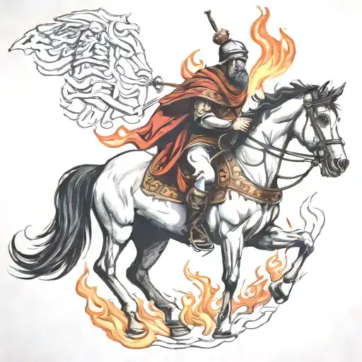 Roman Man On Black Horse Goes Through Fire
