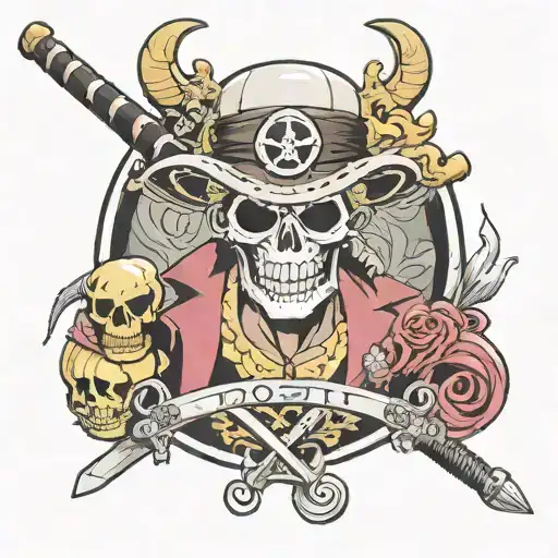 Doflamingo Pirate Skull Wearing A Cap With Obito Uchiha Staff Crossing-over Whitebeard Blade Behind