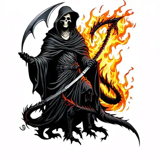 Grim Reaper Holding A Scythe With A Black Dragon Rapped Around It Spitting Fire