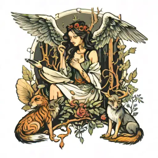 Female Angel Transending The Animals In The Forest