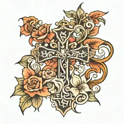 Cross And Floral Tattoo Design