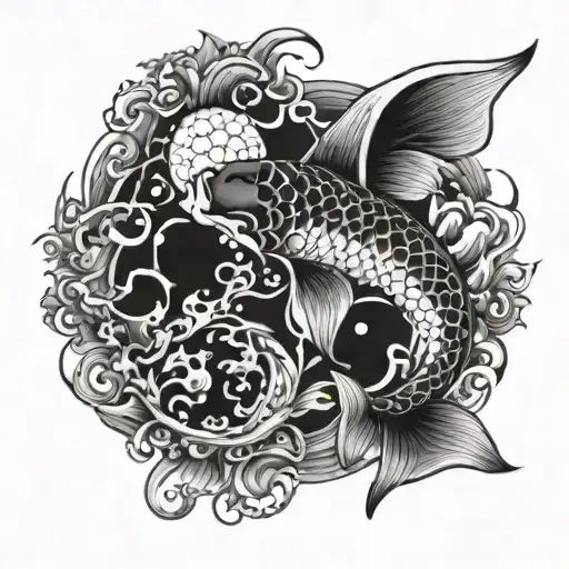Black And White Koi Fish And Ocean And Moon And Fire