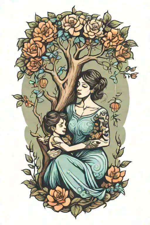 Mother Embracing Boy And Girl Tree Growing