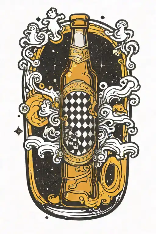 A Beer Bottle With A Chess Board Label Floating In A Cosmic Background