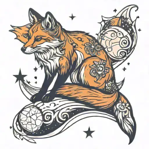 Fox Sitting Looking At Stars And Moon