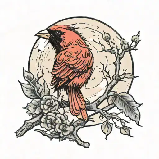 A Red Cardinal Bird On A Branch With A Crow Under The Full Moon