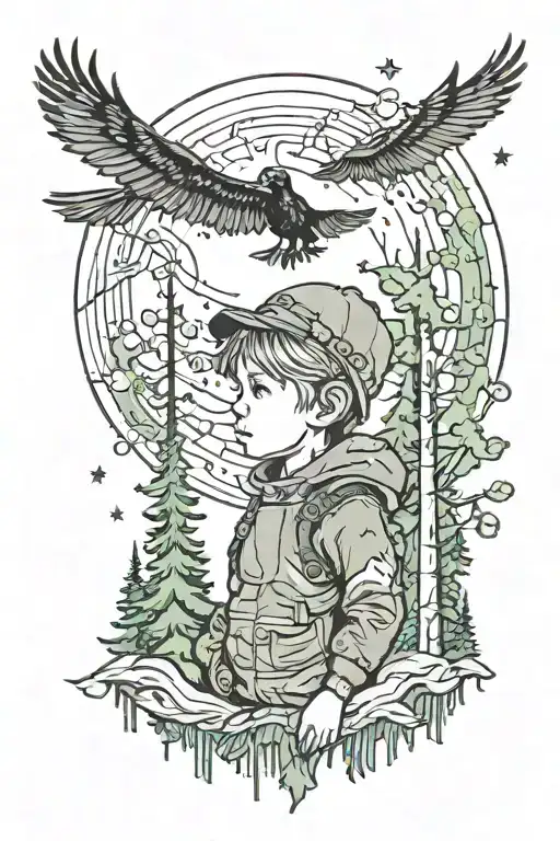 A Child In A Forest Crows Above His Head Northern Lights Pine Forest
