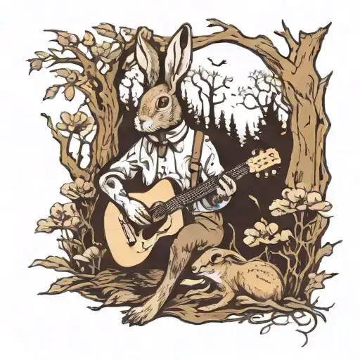 Flemish Giant Rabbit In The Woods Playing Guitar Surrounded By Morel Mushroom