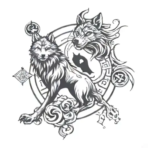 Semicolon Sol Invictus With Ying And Yang And Wolf