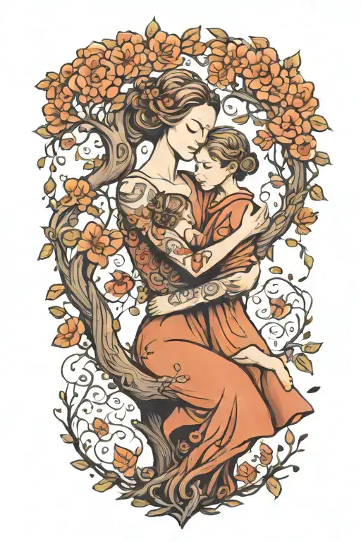 Mother Embracing Boy And Girl Tree Growing