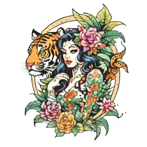 Ocean Mermaid Jungle With Tiger On Hand