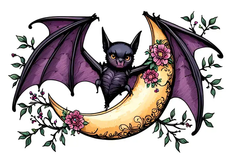 Bat With Open Wings Crescent Moon With Dainty Floral Stems