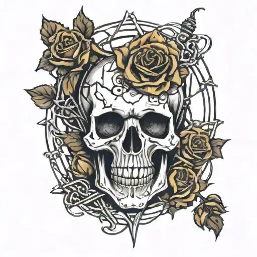 A Skull Surrounded By Roses And Barbed Wire