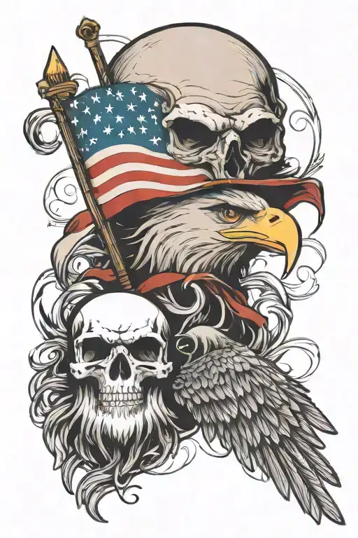 Scull And Bald Eagle With An American Flag Waving Black And White