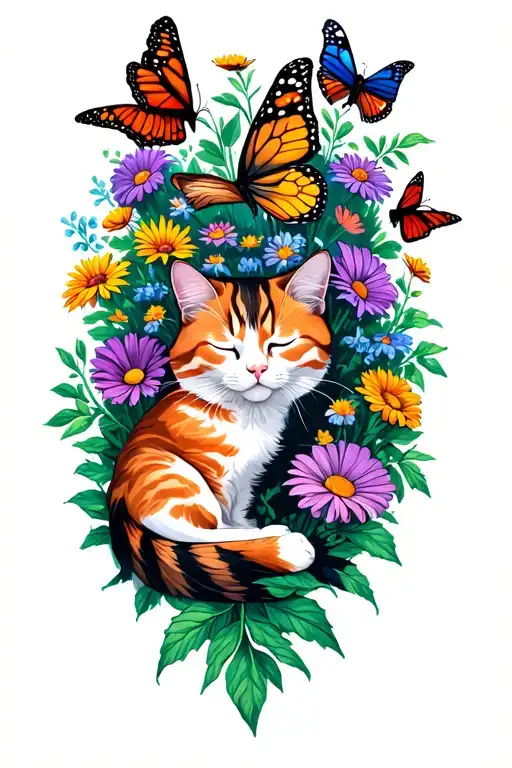 Wild Flowerbed With Various Butterflies And A Sleeping Cat