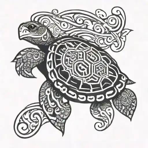 Tribal Turtle With Aquarius Symbol Black And White