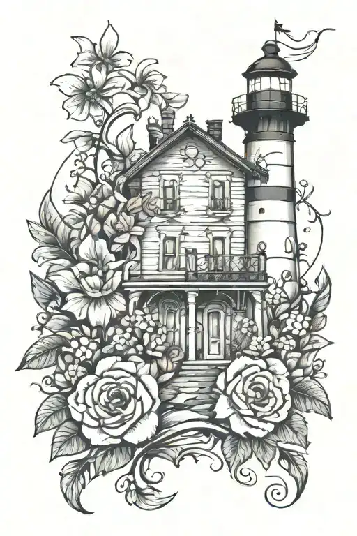 Feminine Lighthouse And Flowers For Hip