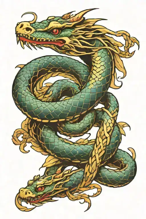 Dragon And Snake Wrapped Tightly Holding Each Other