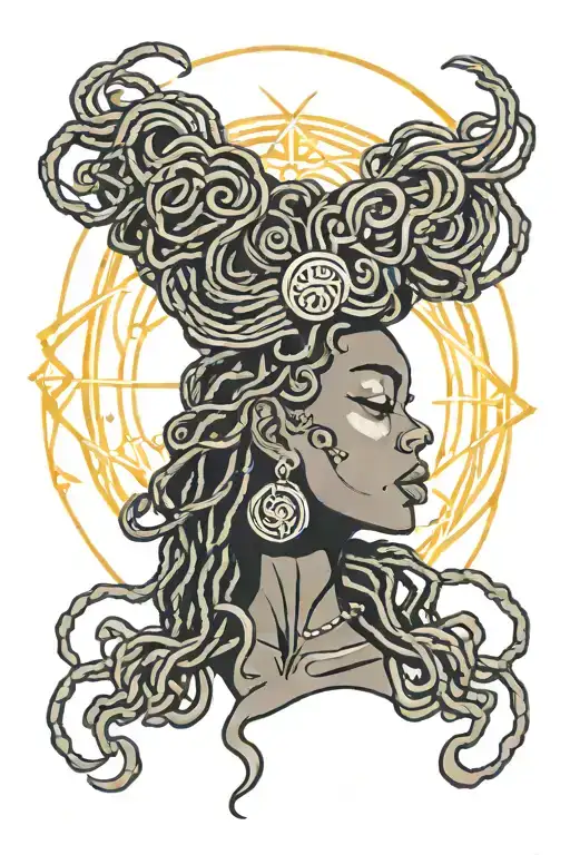 Black Lady With Locs With Spiral Sun Behind Her Head