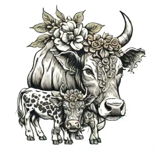 Mother Cow Wearing A Flower Crown With Baby Bull And Calf Wearing A Flower Crown
