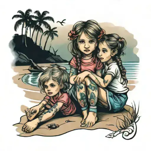 2 Little Girls Sat On Beach Scene