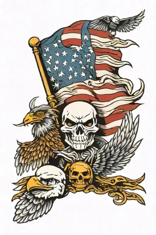 Scull And Bald Eagle With An American Flag Waving