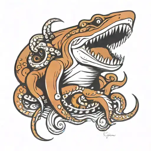 Shark Jaw Around Knee Octopus On Calf Holding The Jaw With One Tentical