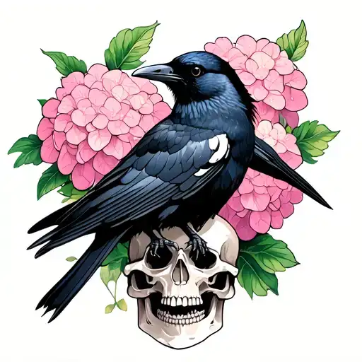 Black Crow Sitting Amongst A Skull And Pink Hydrangeas In Bloom