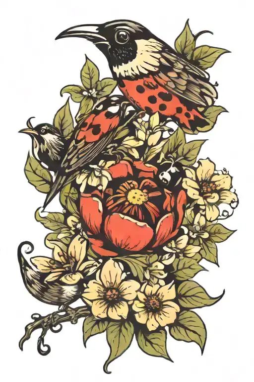 Bird Ladybug And Flowers