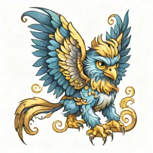 A Mythical Baby Griffin With Golden Feathers And Blue Eyes