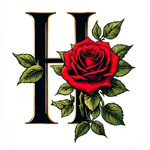 Letter H And Delicate Red Rose Intertwined