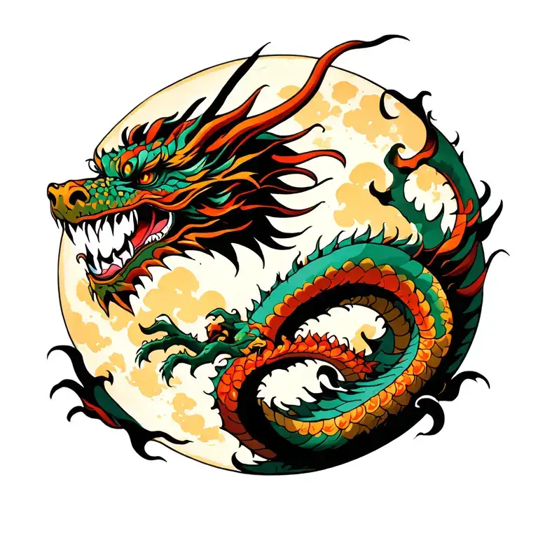 Samurai And The Dragon Against The Background Of The Moon