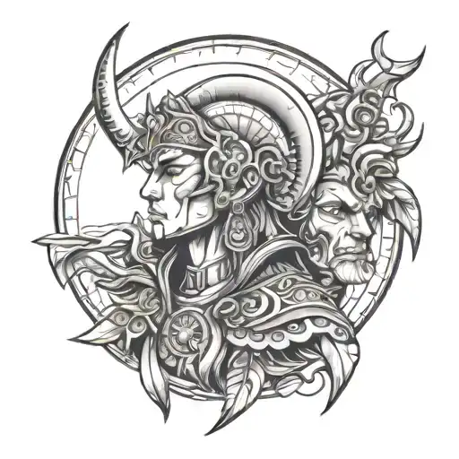 Moon And Warrior Head Line Drawing